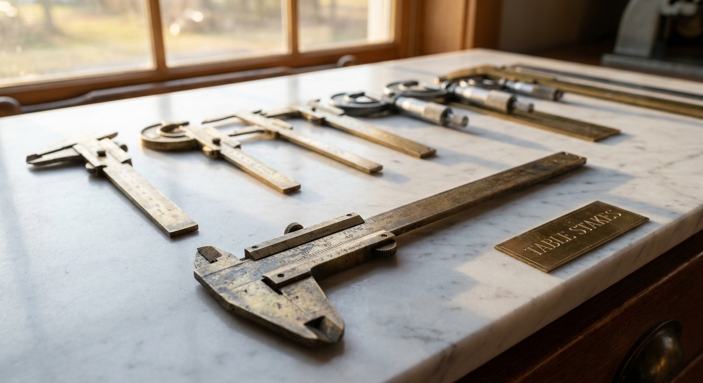 A row of brass machinist tools on white marble, one worn tool set apart from the rest