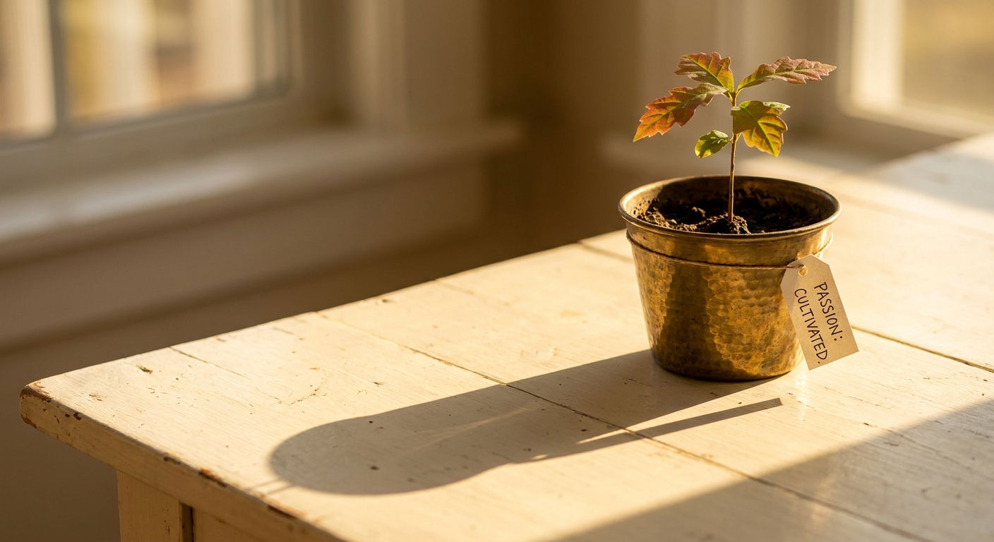 A small oak seedling in a brass pot catching golden light, casting a long shadow
