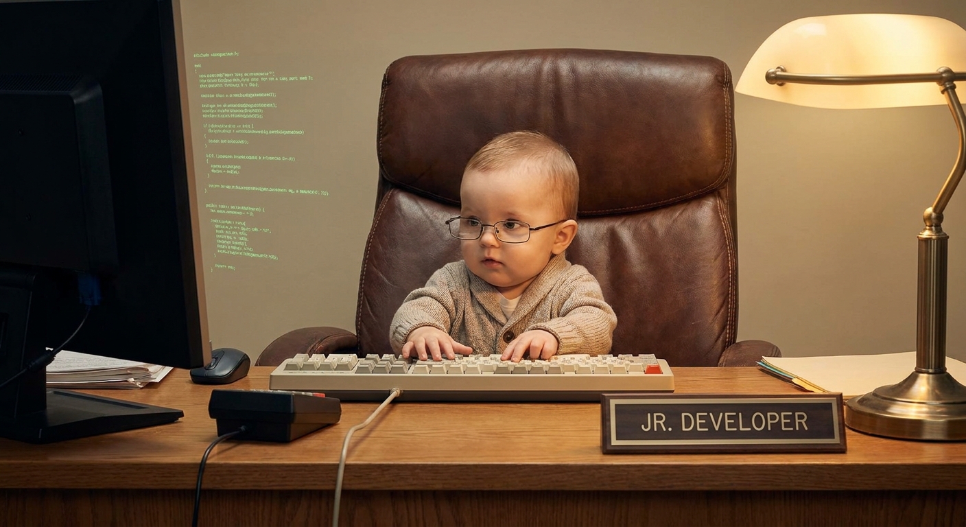 A baby sitting at an oak desk, typing seriously on a mechanical keyboard with code on the monitor