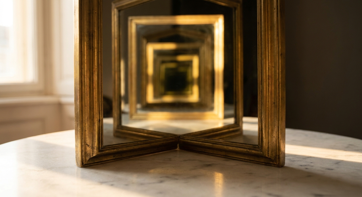 Two facing brass-framed mirrors reflecting each other into an endless receding tunnel