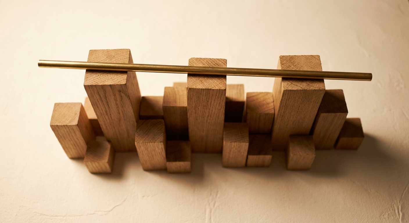 Oak blocks of varying heights with a single straight brass rod laid across the tallest few