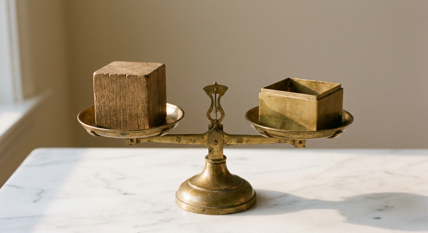 A level brass balance scale holding a solid oak cube on one pan and a hollow brass box of the same size on the other