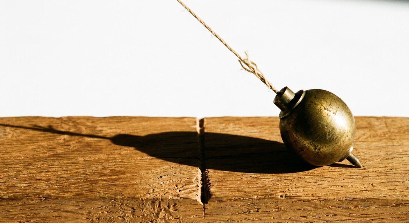 A brass pendulum frozen at the far end of its swing, past the center mark scored into an oak base