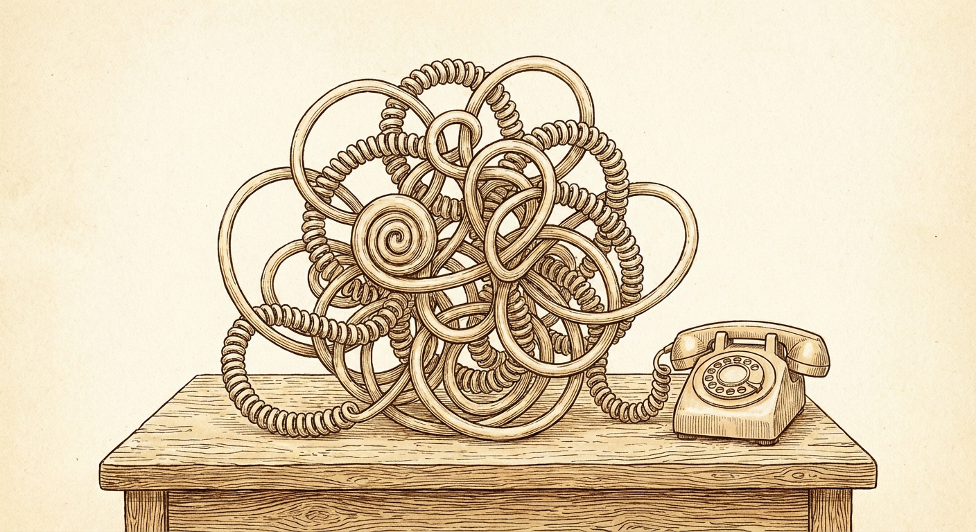 A vintage rotary telephone on an oak table with its coiled cord tangled into an elaborate knot