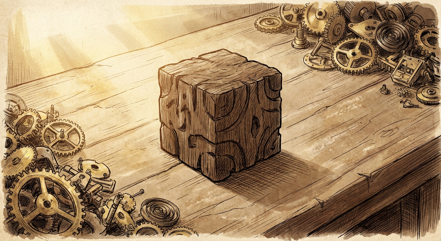 A hand-carved oak block on a clean workbench with discarded brass gears pushed to the edges