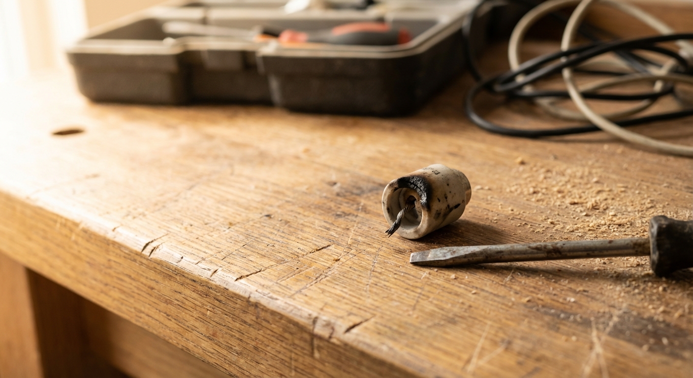 A blown electrical fuse resting on an oak workbench beside a small screwdriver, warm side lighting.