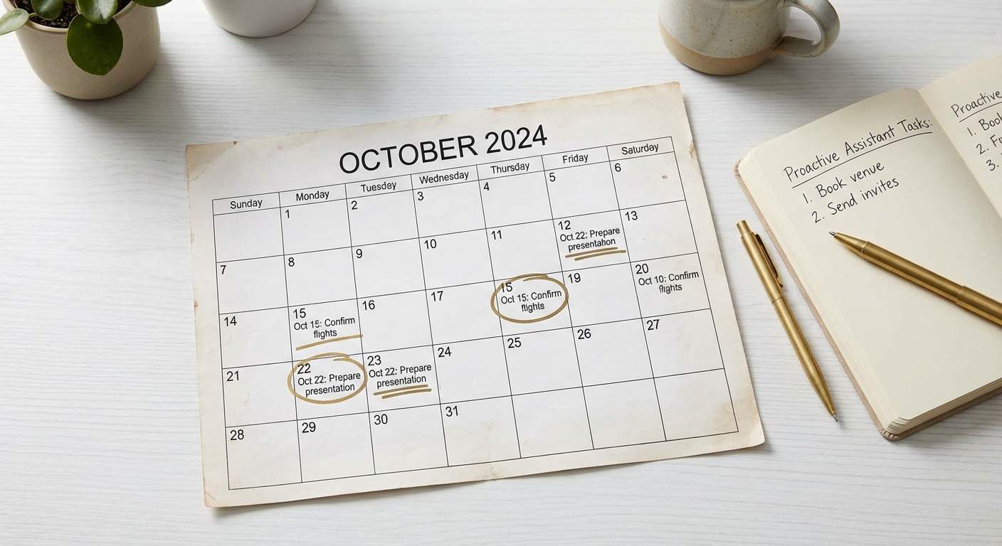 A printed calendar page on a white desk with a few items circled in brass ink, an open notebook beside it.
