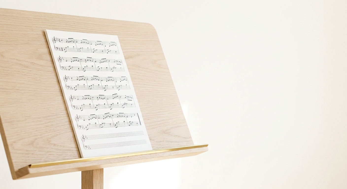 A sheet of music resting on a pale oak music stand in bright, even light