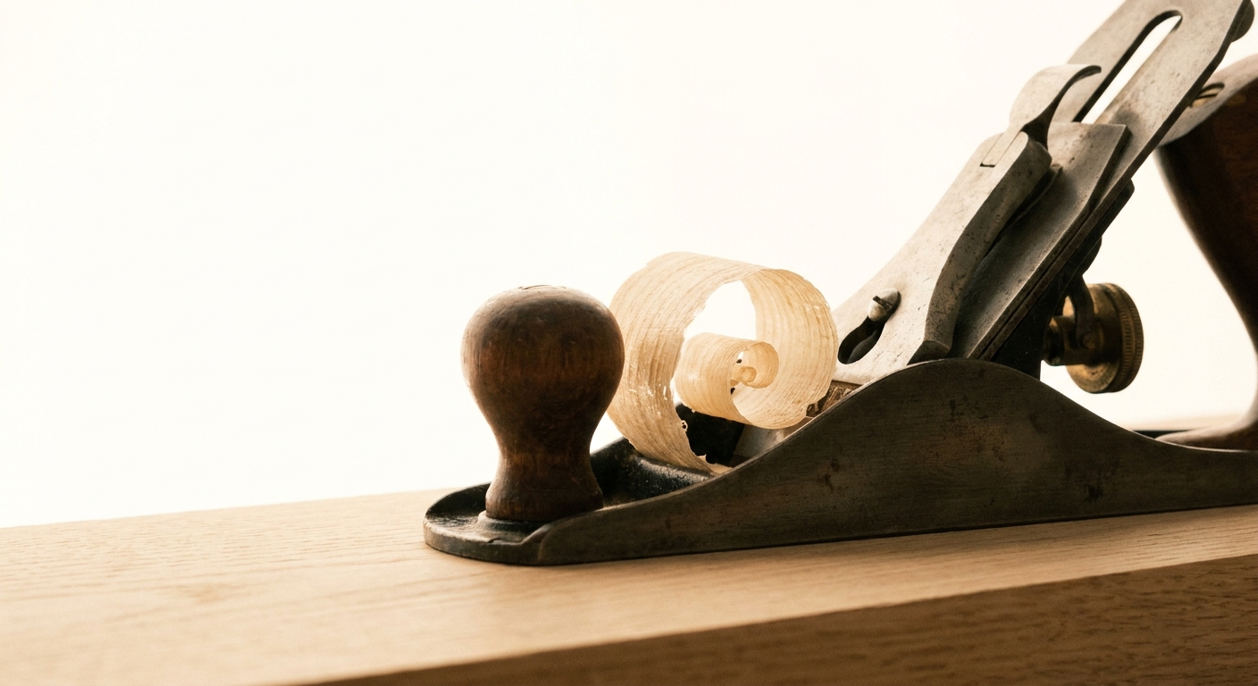 A hand plane resting on a pale oak board with a fine shaving curling away along the grain